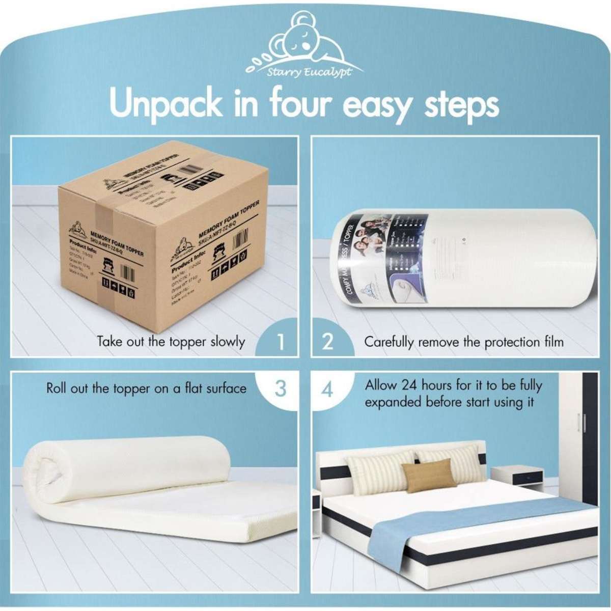 Starry Eucalypt Memory Foam Mattress Topper Graphite 8cm King Single