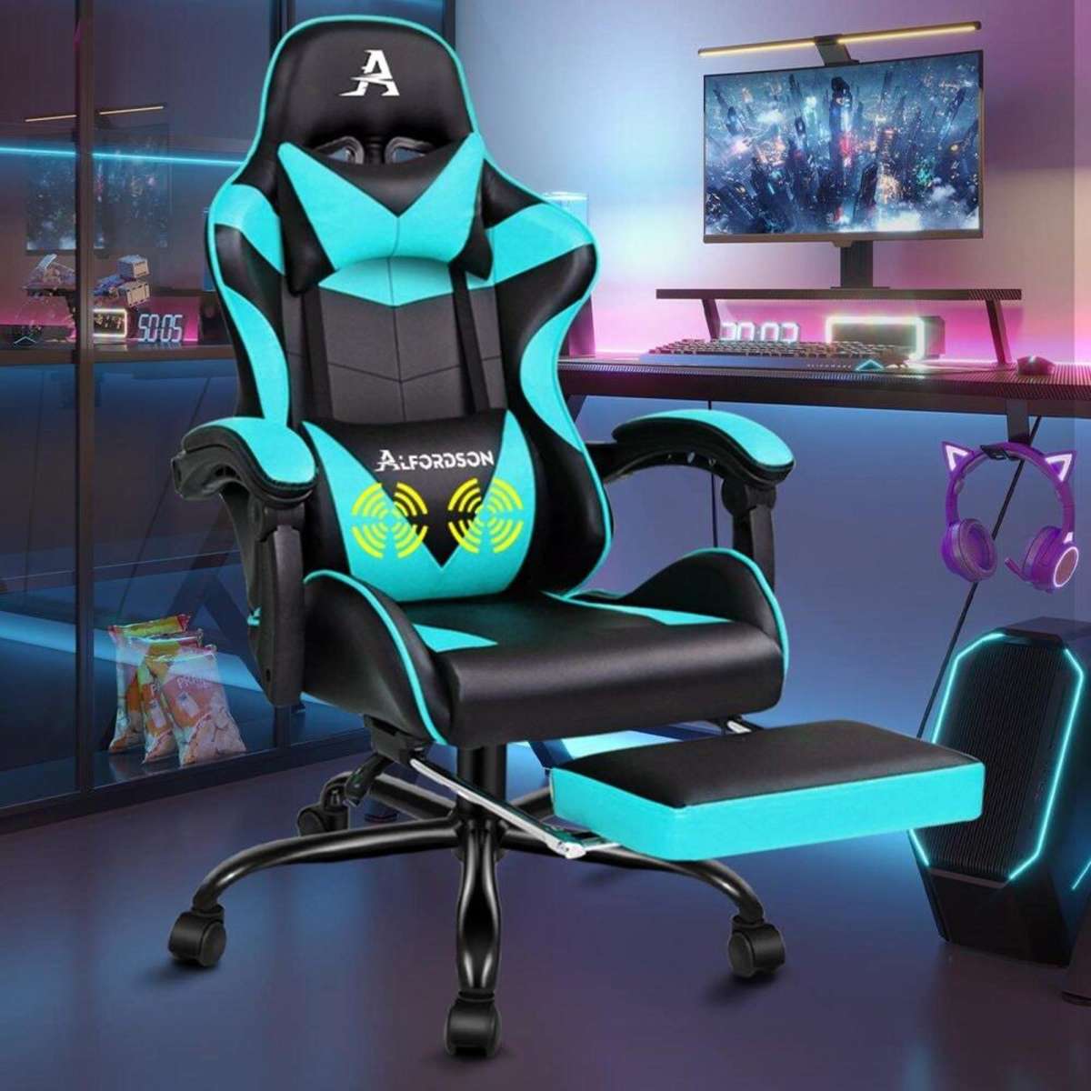 Alfordson Gaming Chair Lumbar Massage Cushion Black Cyan | Woolworths