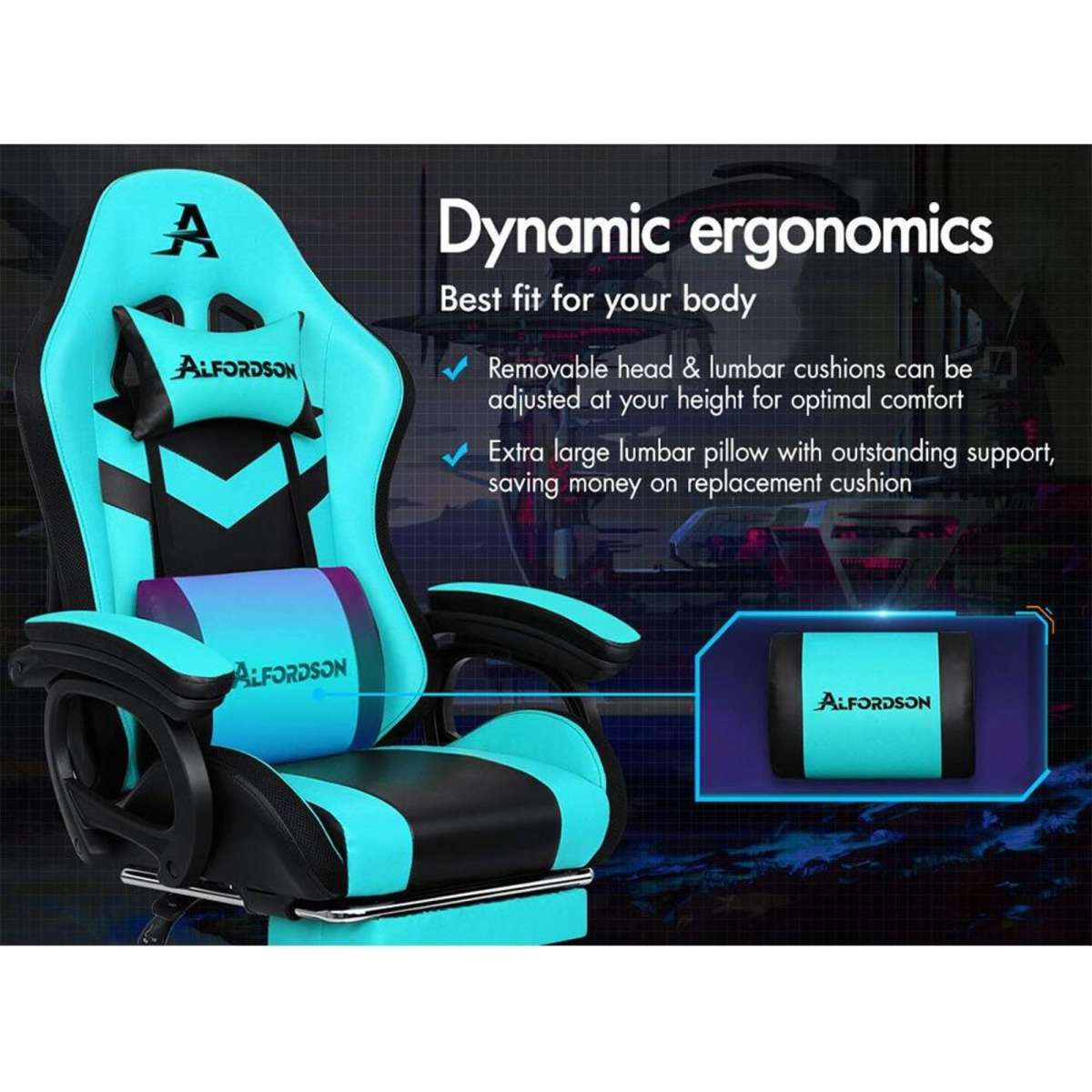 Alfordson LED Gaming Office Chair 8 Point Massage Black Cyan Woolworths