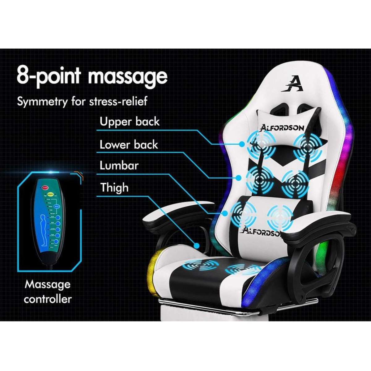 Alfordson LED Gaming Office Chair 8 Point Massage Black White Woolworths