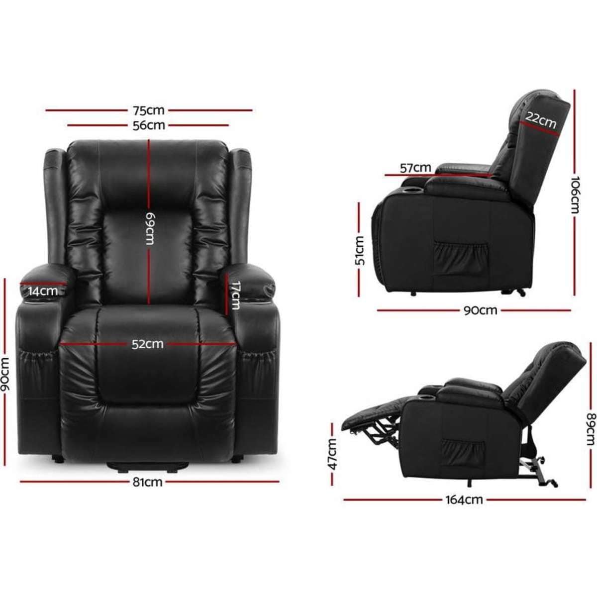 Artiss Recliner Chair Lift Assist Heated Massage Chair Leather Rukwa