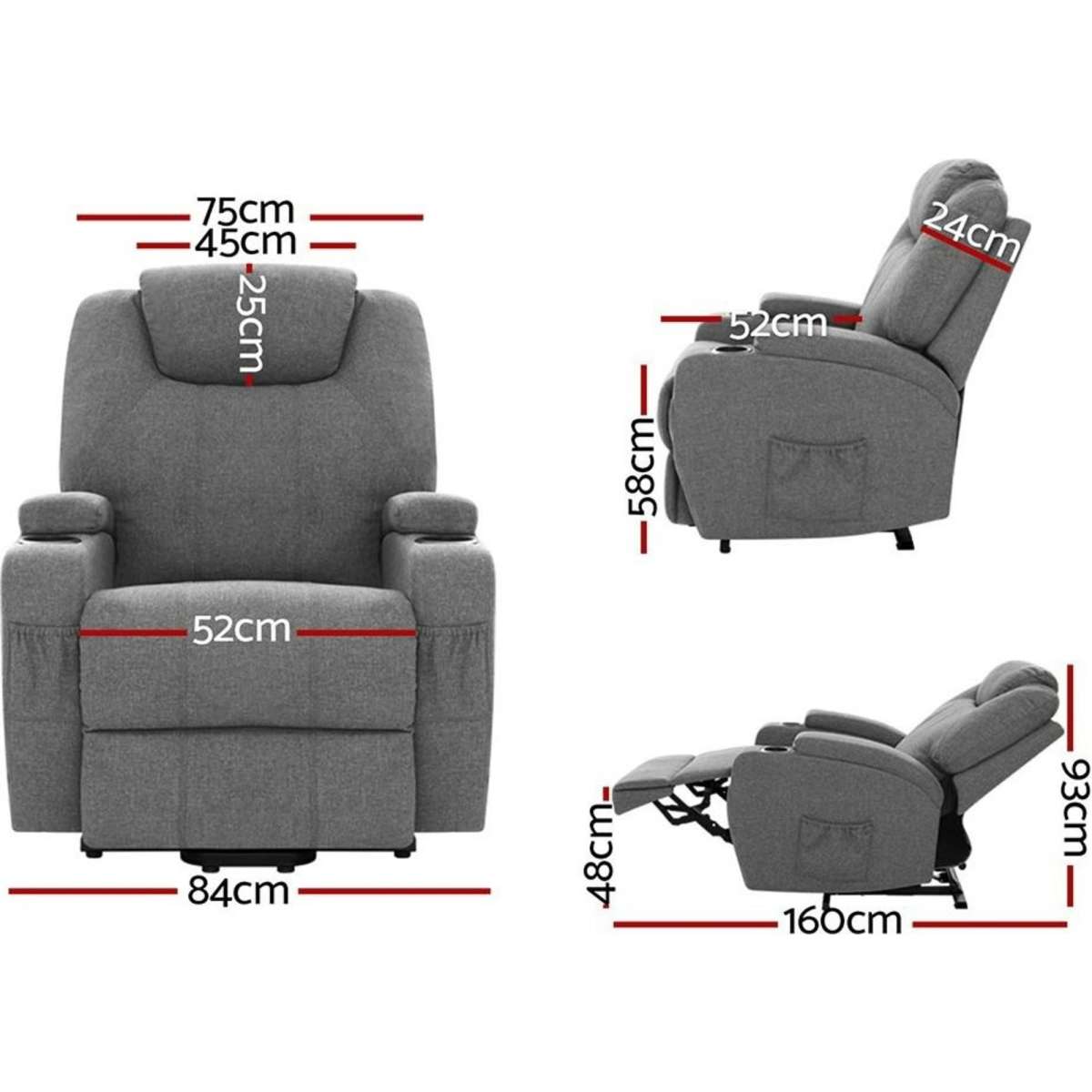 Artiss Recliner Chair Lift Assist Heated Massage Chair Velvet Milio ...