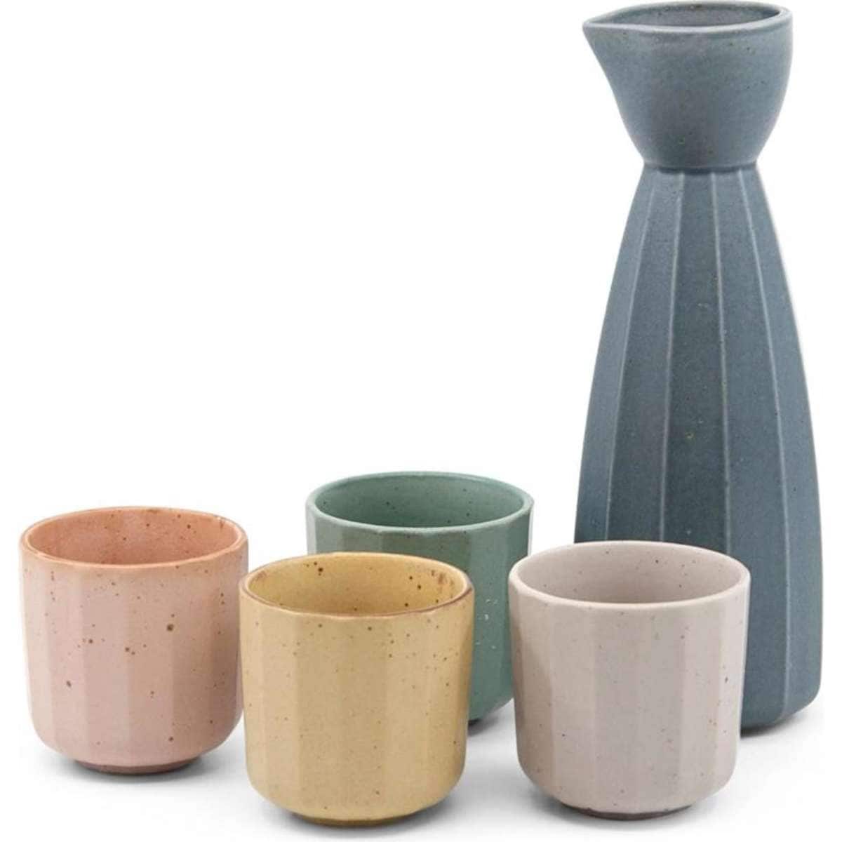 Salt & Pepper Ikana Sake Drinking Set w/ Vessel & Cups Pastel Tones 5pc