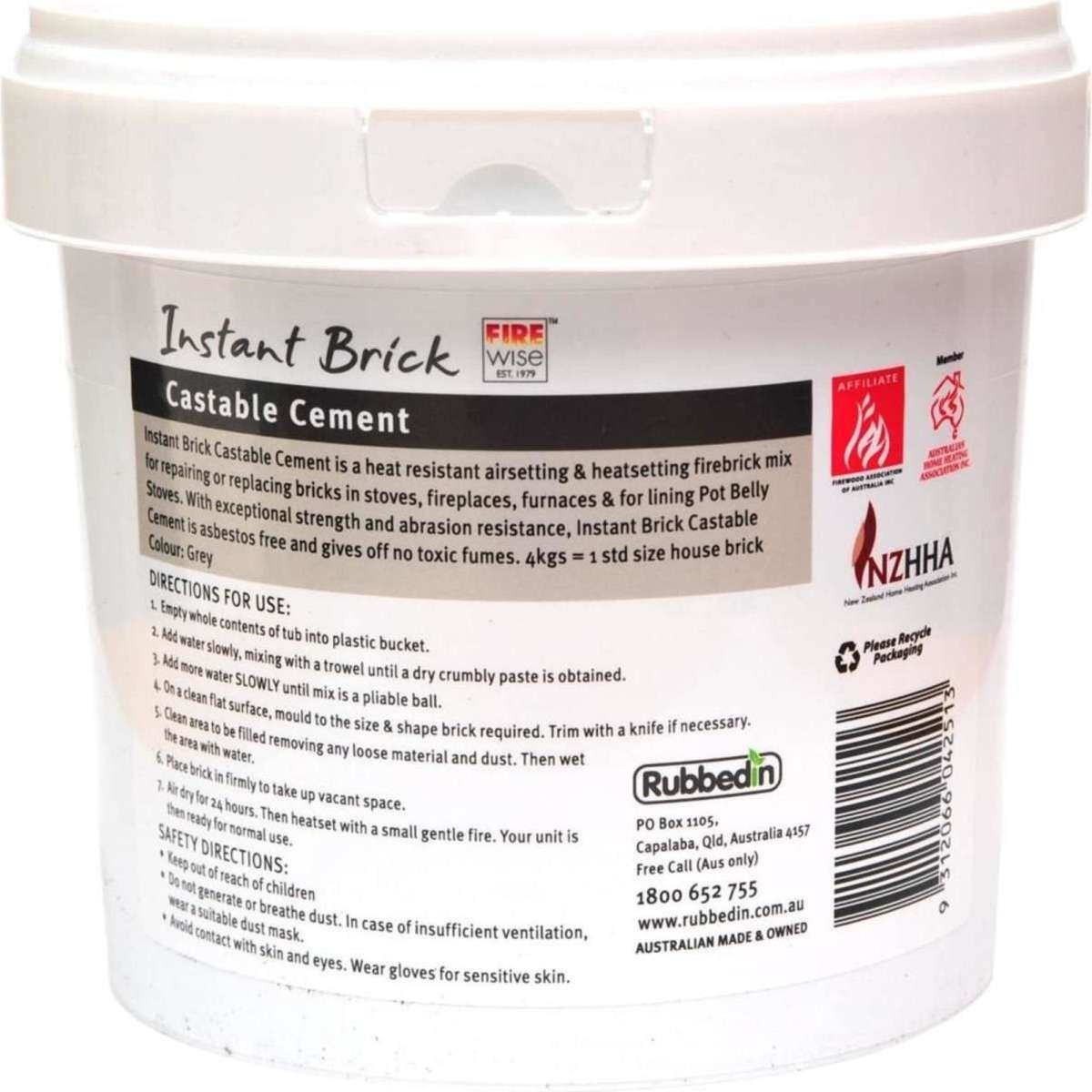 Rubbedin Firewise® Instant Brick Castable Cement Heat Resistant to 1000