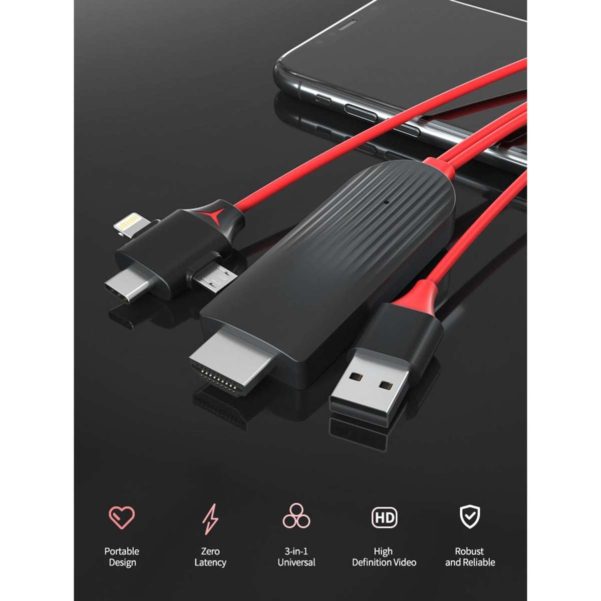 TODO 3 in 1 HDMI to Lightning Micro USB Type C Adapter Cable Charge