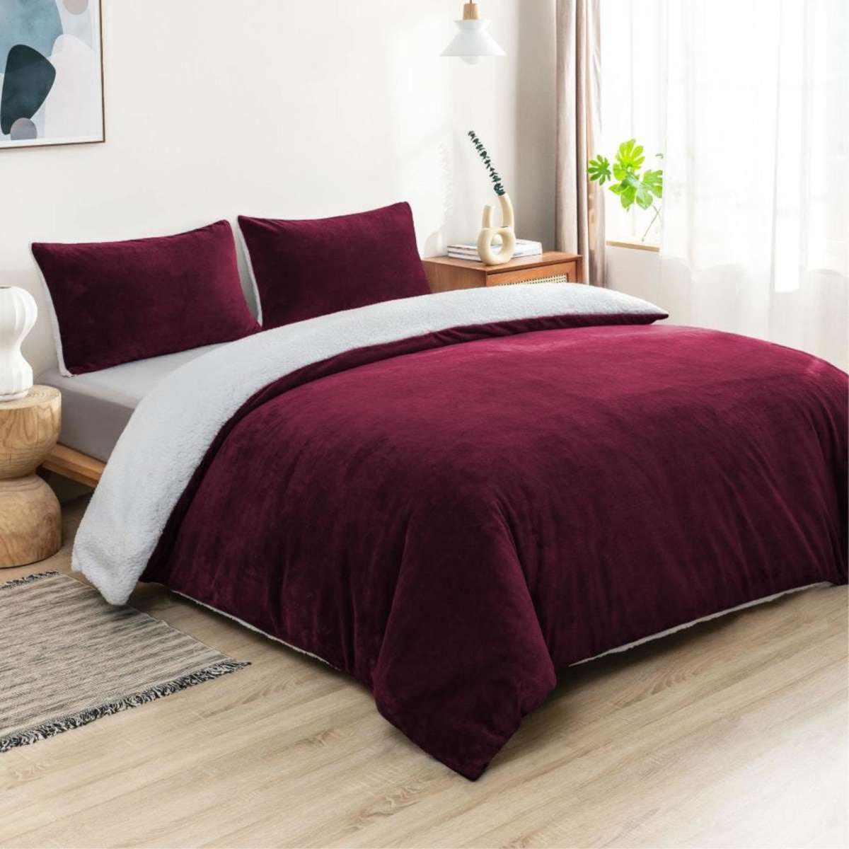Luxor 2 in 1 Burgundy King Single Teddy Fleece Sherpa Quilt Cover Set
