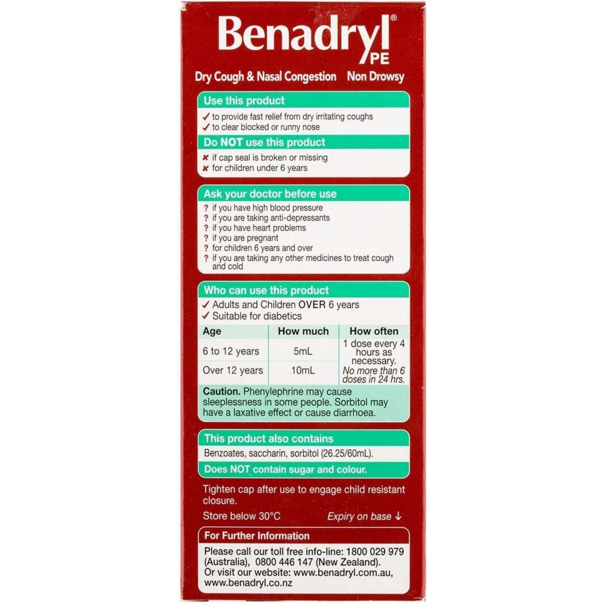 Benadryl Dry Cough & Nasal Congestion Liquid 200ml Woolworths
