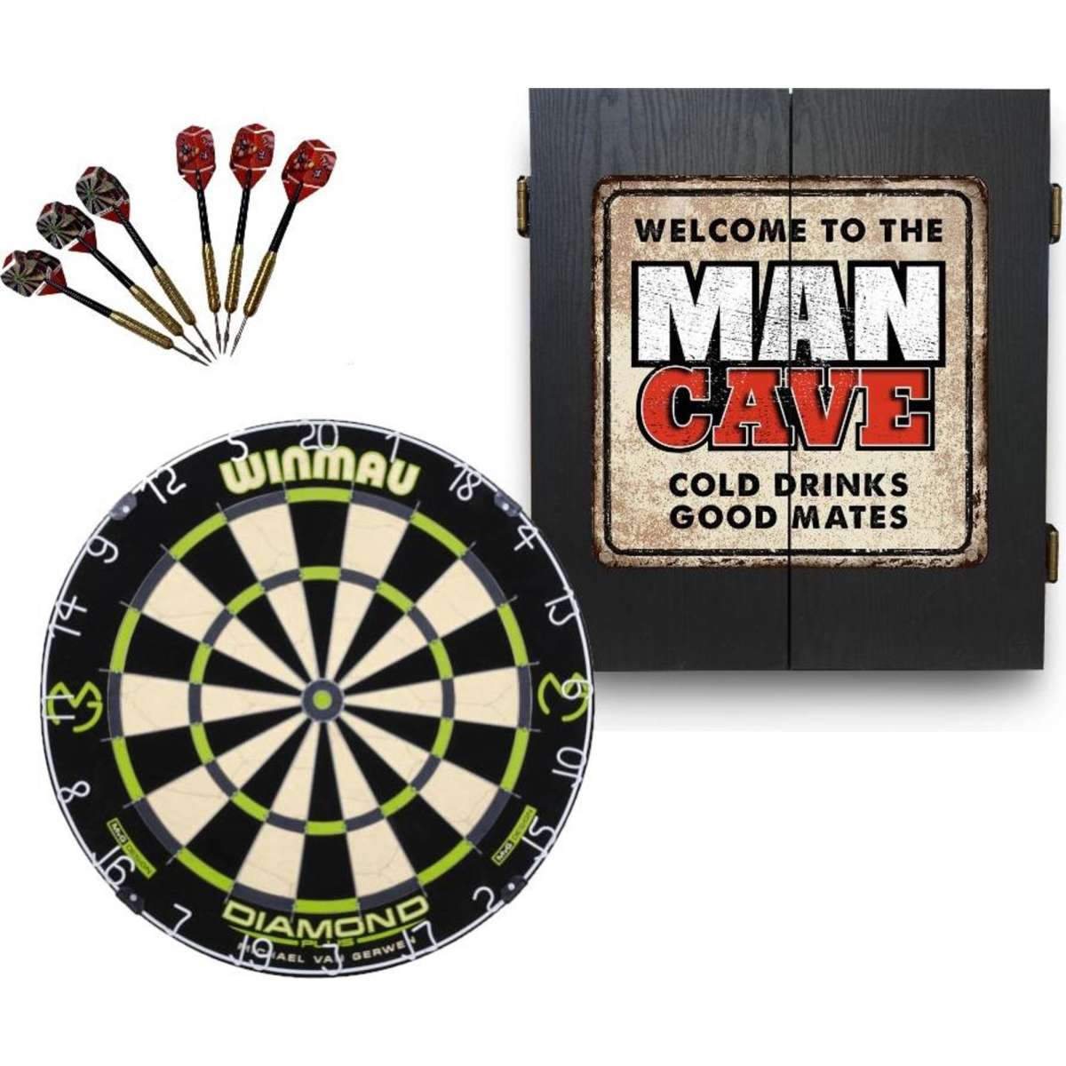 NPC Amusements Winmau MVG Diamond Plus Dart Board + Welcome to the Man Cave  Dartboard Cabinet + Darts | Woolworths