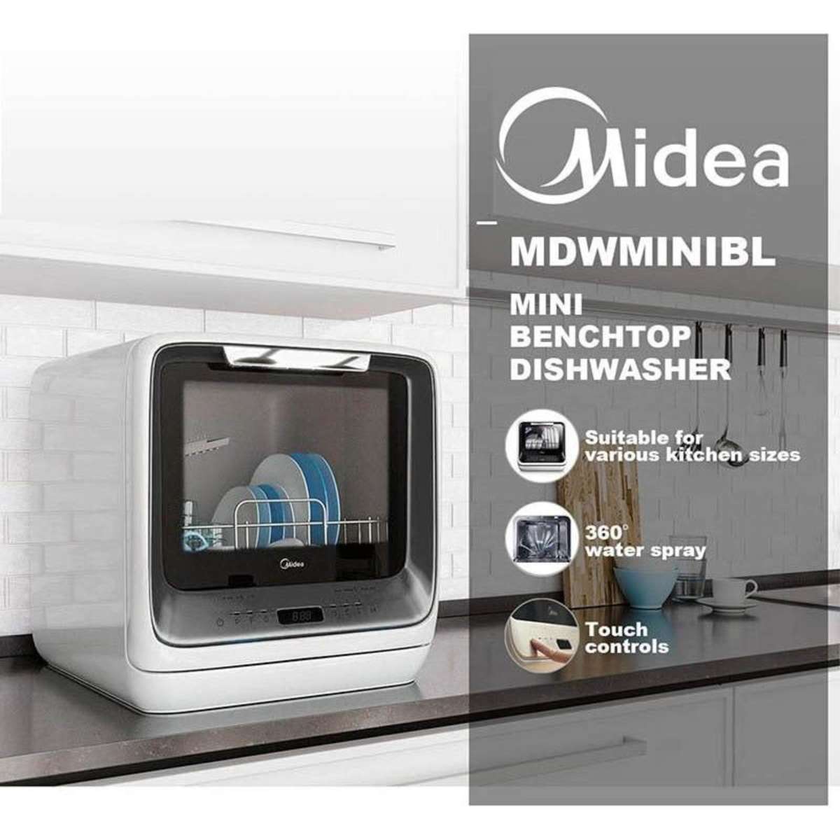 Midea Mini Second Generation Benchtop Portable Dishwasher (Black ...