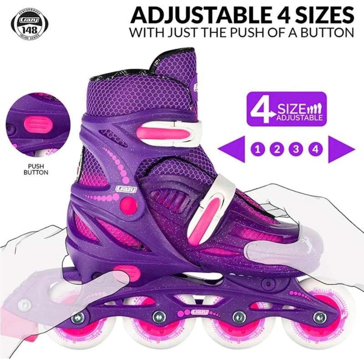 Crazy Skates 148 Adjustable Kids Inline Rollerblades Purple Glitter
