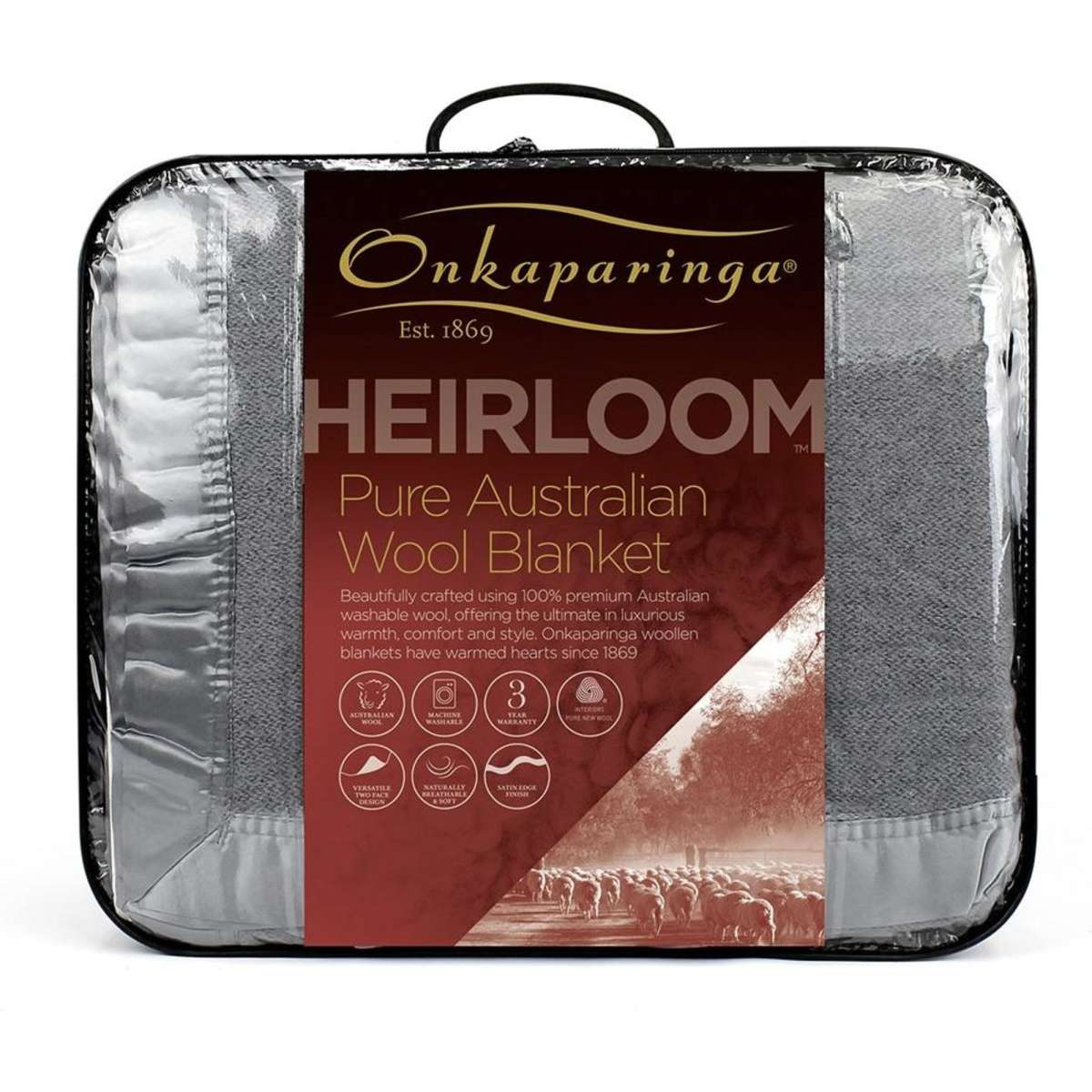 Onkaparinga Queen/King Bed Heirloom Blanket Australian Wool Grey