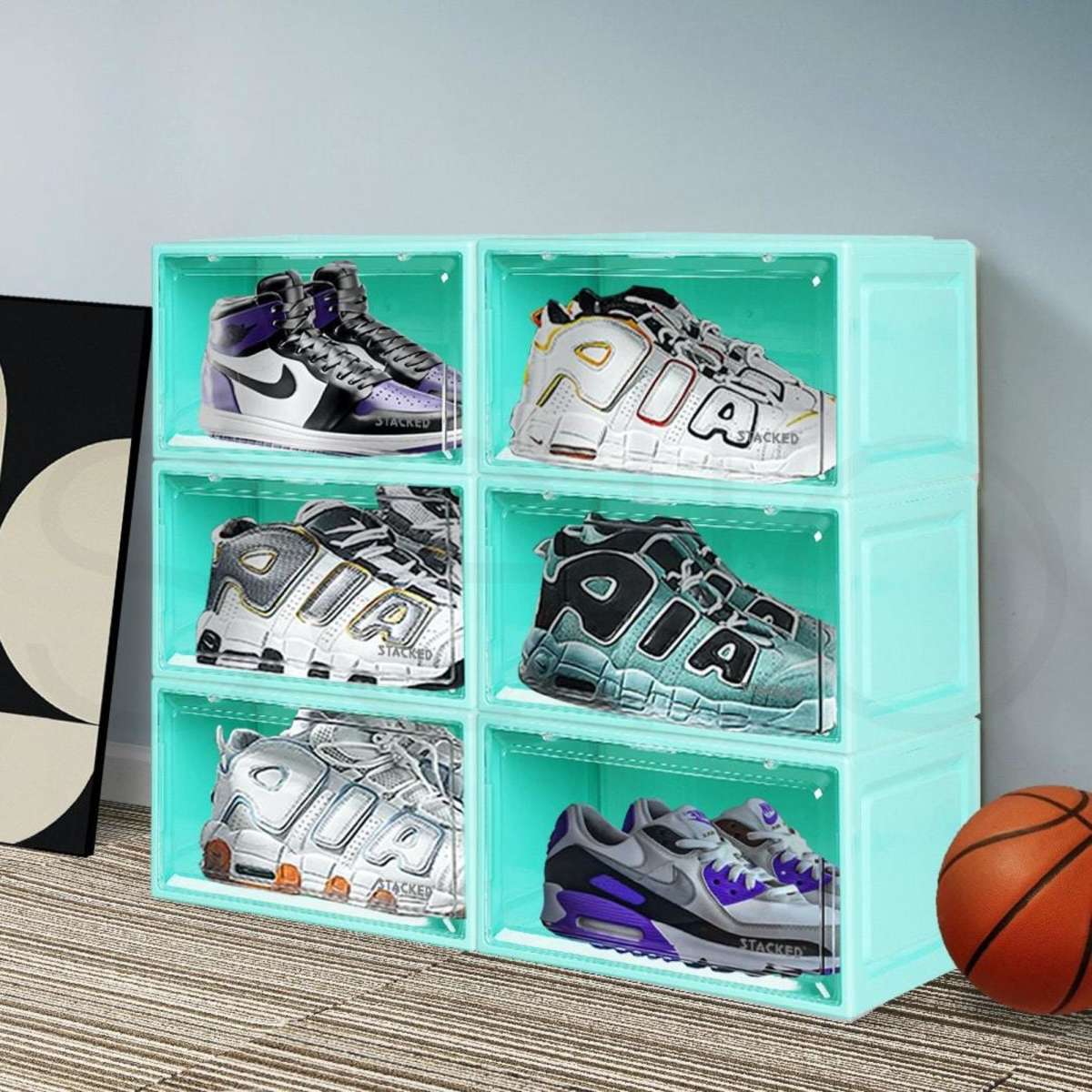 Stacked 6x Sneaker Display Case Shoe Storage Box Clear Plastic Boxes