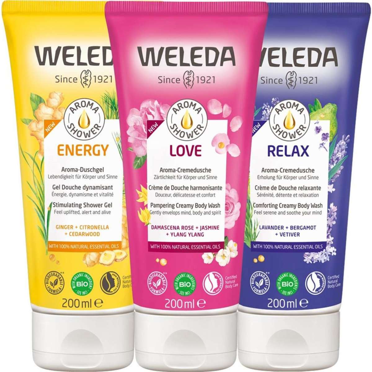 Weleda Aroma Shower Trio, Energy Energises, Love Pampers, Relax Calms ...