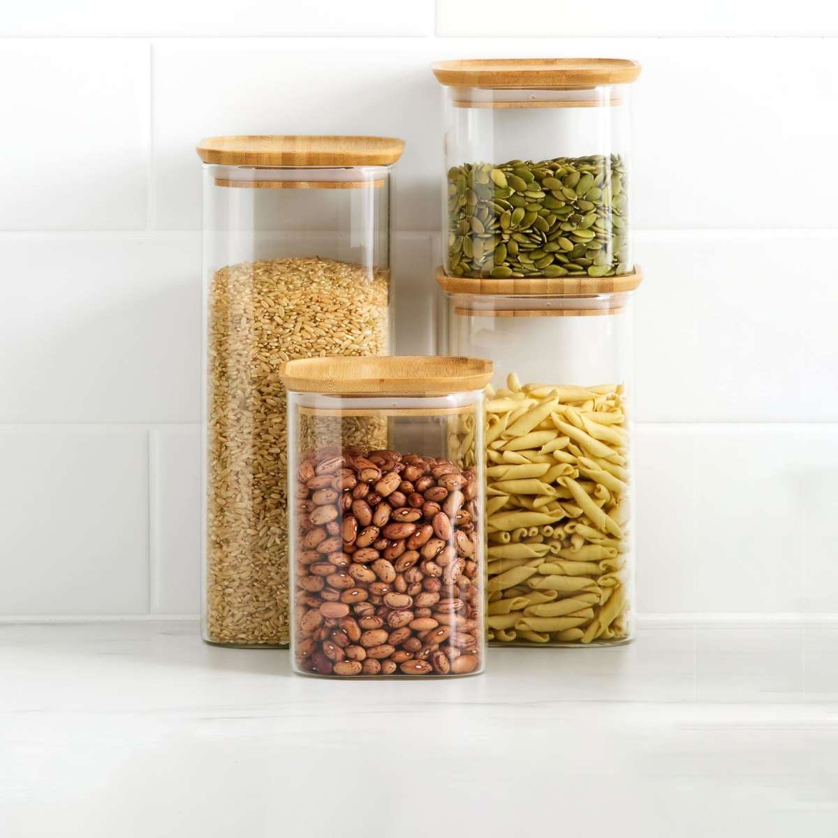 Kitchen Pro Eco Square Glass Canister with Bamboo Lid Set 4pc Woolworths