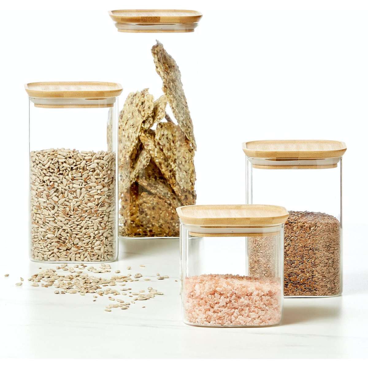 Kitchen Pro Eco Square Glass Canister with Bamboo Lid Set 4pc Woolworths