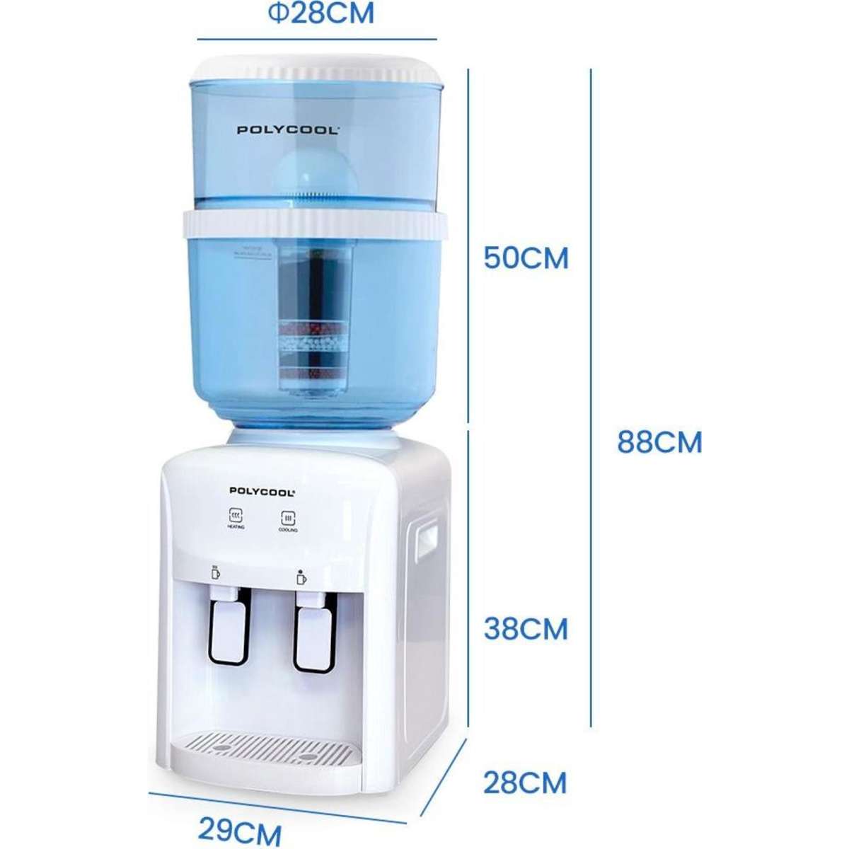 PolyCool 22L Benchtop Water Cooler Dispenser, Instant Hot & Cold, with 7 Stage Purifier Filter