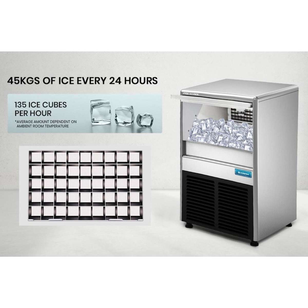 PolyCool Commercial Automatic Ice Cube Maker, Free Standing Stainless