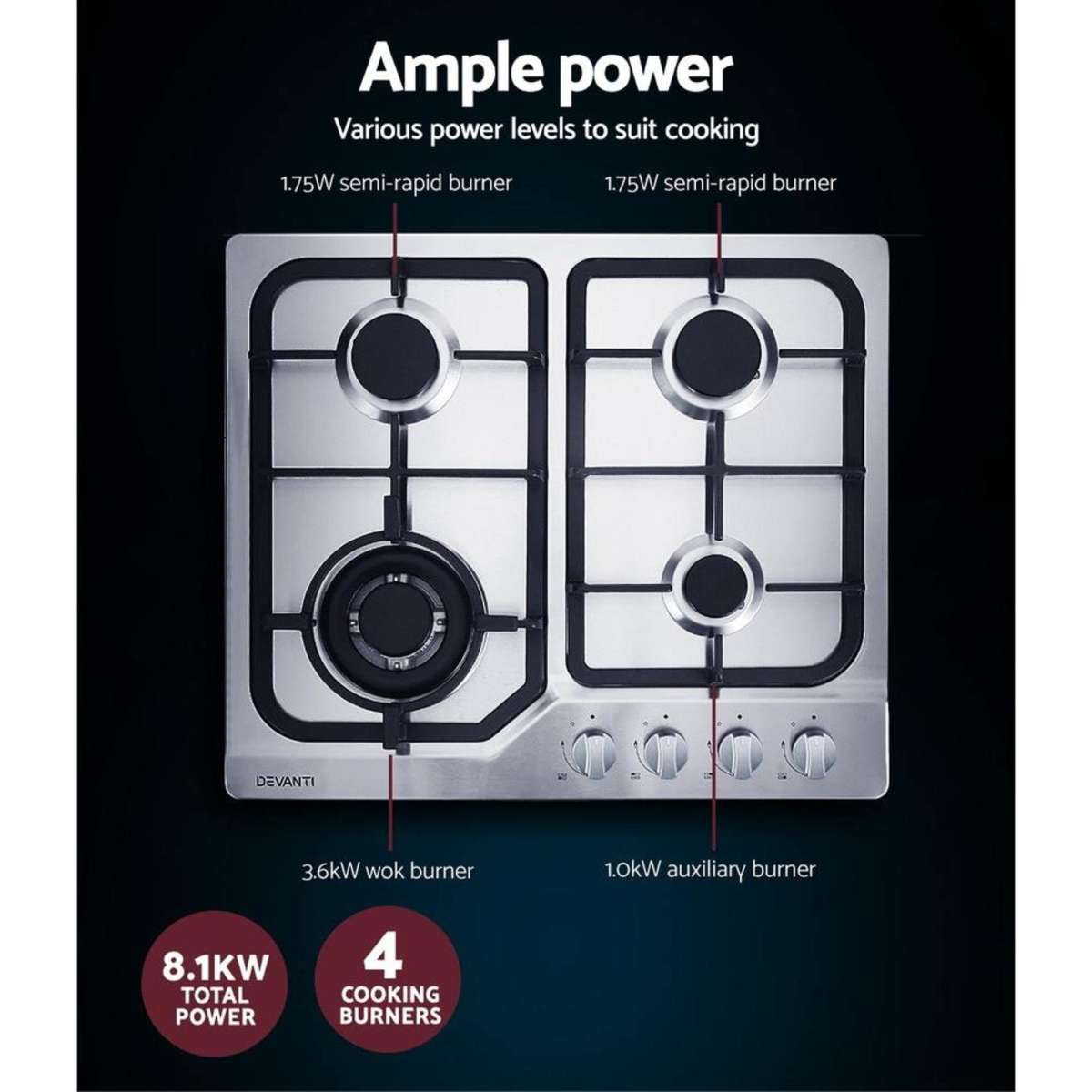 Devanti Gas Cooktop 60cm 4 Burner Silvir Woolworths