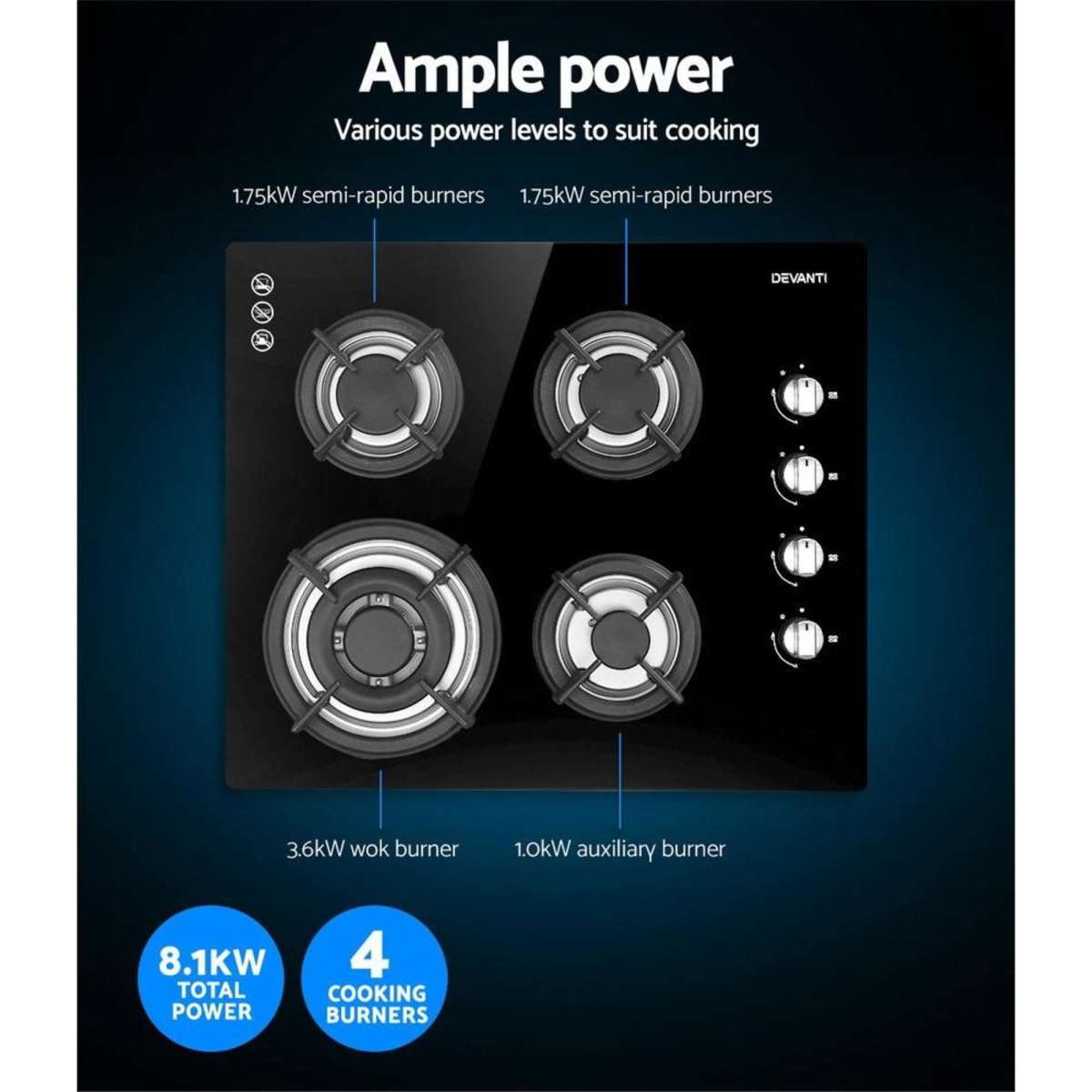 Devanti Gas Cooktop 60cm Stove Hob Black Woolworths