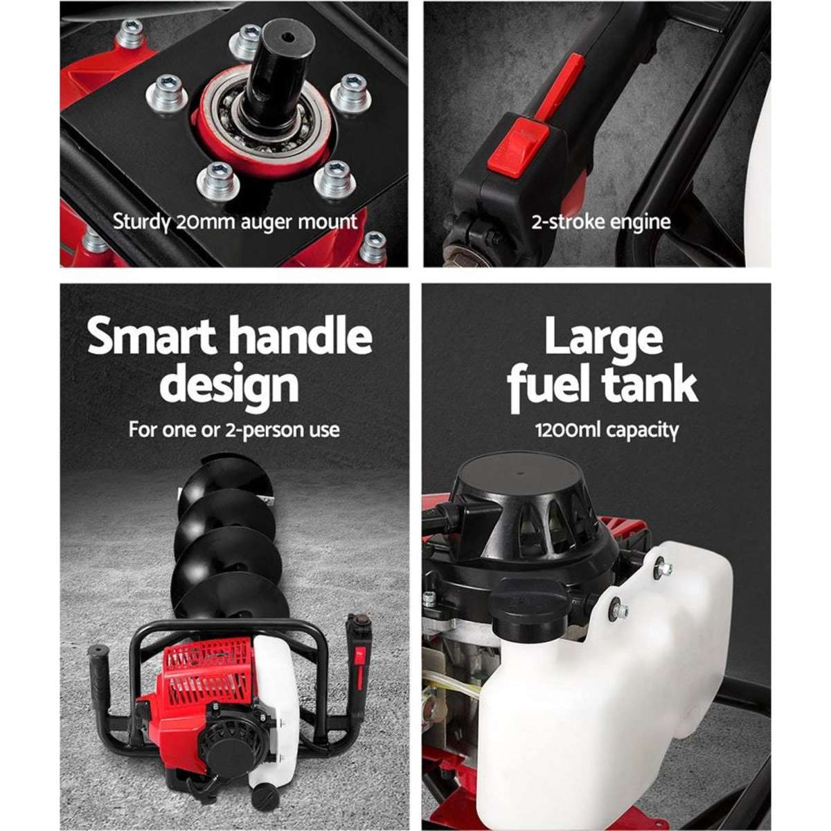 Giantz Post Hole Digger 92CC Petrol Motor Drill Extension Auger Bits