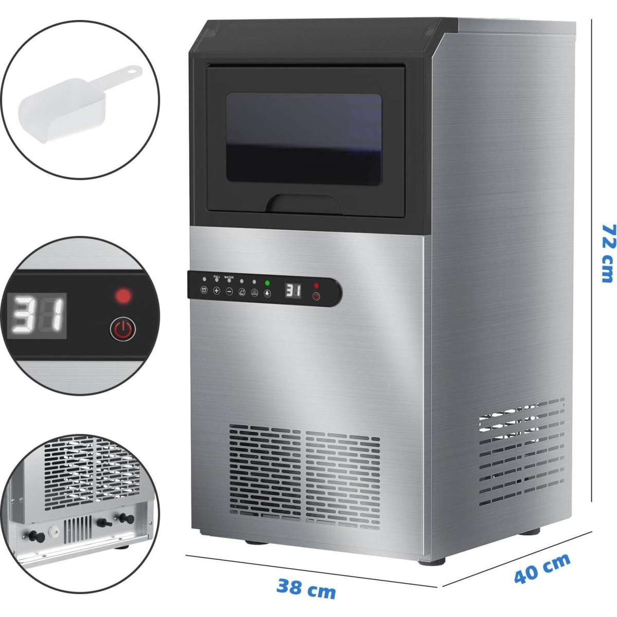 Advwin Commercial Ice Maker 45KG/24H Compact Self Cleaning Ice Machine Stainless Steel Silver