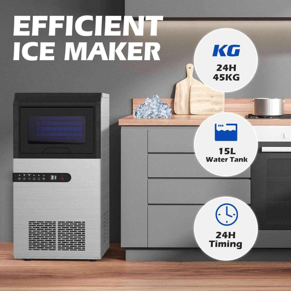 Advwin Commercial Ice Maker 45KG/24H Compact Self Cleaning Ice Machine Stainless Steel Silver
