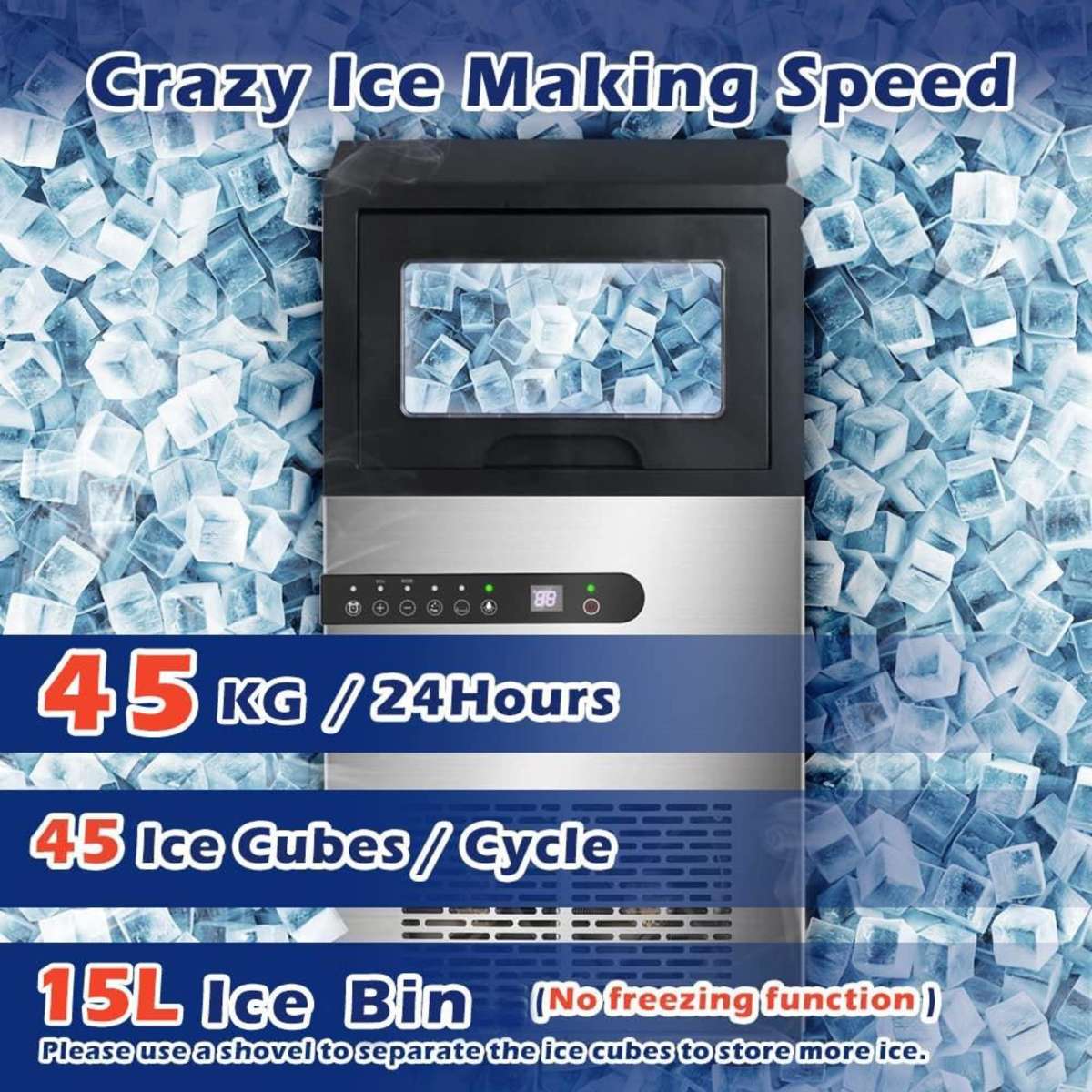 Advwin Commercial Ice Maker 45KG/24H Compact Self Cleaning Ice Machine Stainless Steel Silver