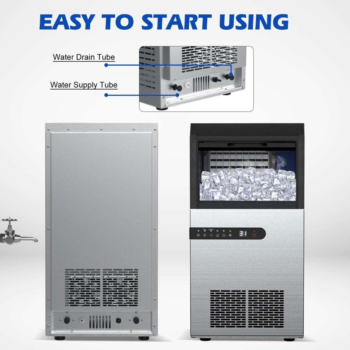 Advwin Commercial Ice Maker 45KG/24H Compact Self Cleaning Ice Machine Stainless Steel Silver