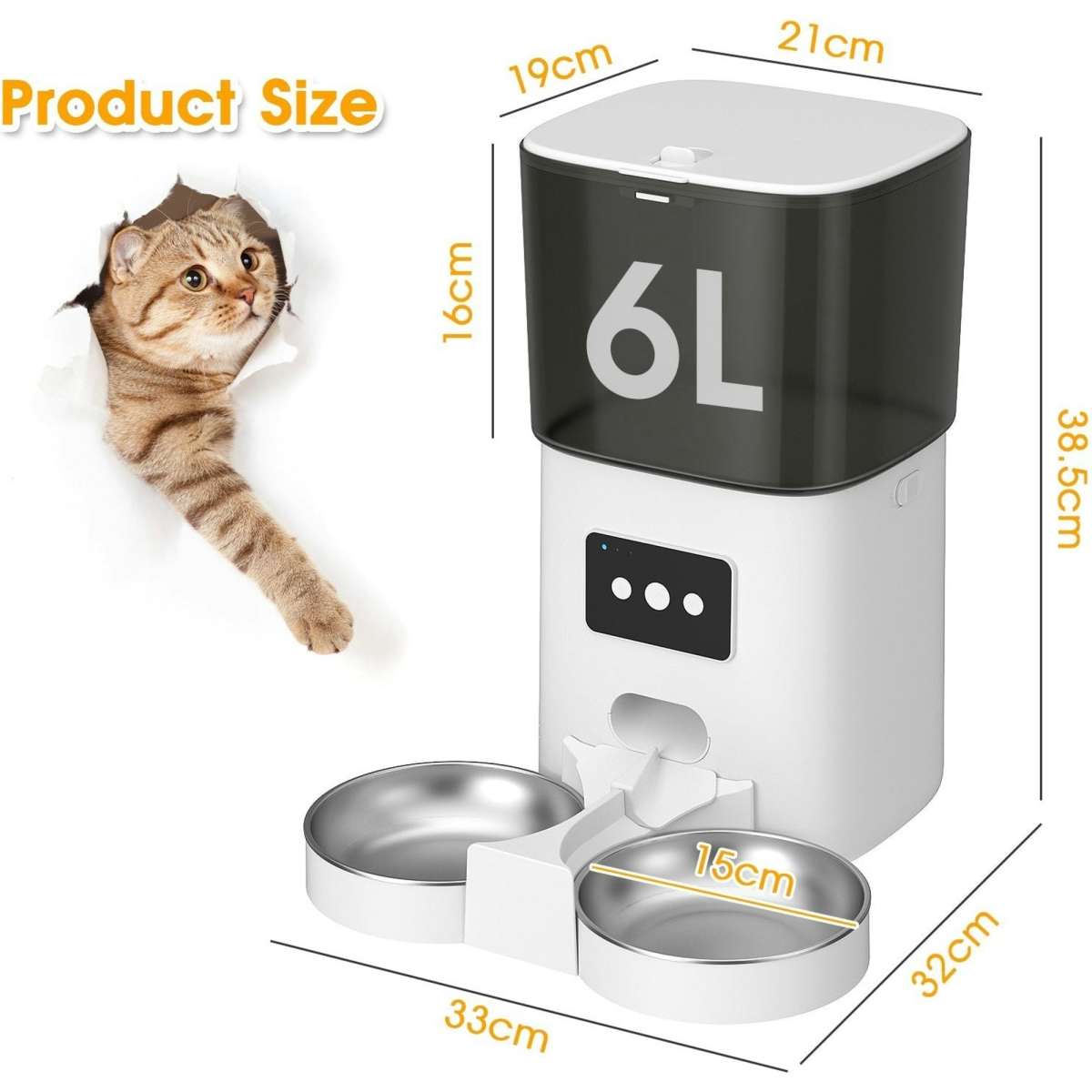 Advwin 6L Automatic Pet Feeder Double Bowls for Two Cats with Wifi APP