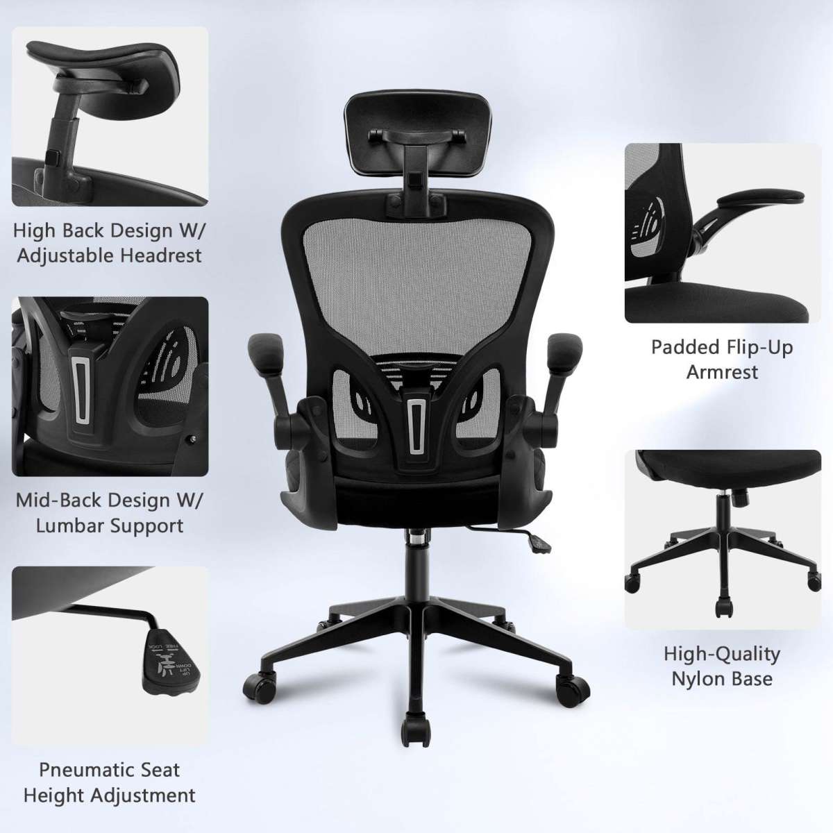 Advwin Ergonomic Mesh Office Chair Height and Headrest Adjustment ...