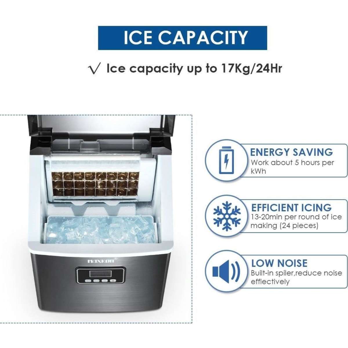 Maxkon 17KG Portable Commercial Ice Maker Machine Stainless Steel Fast