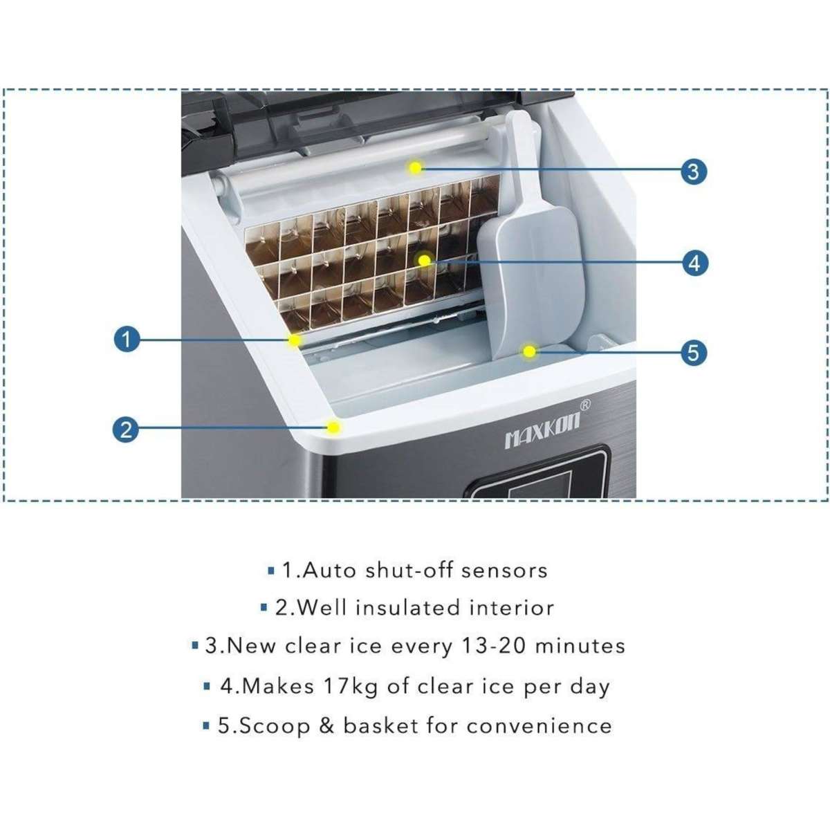 Maxkon 17KG Portable Commercial Ice Maker Machine Stainless Steel Fast