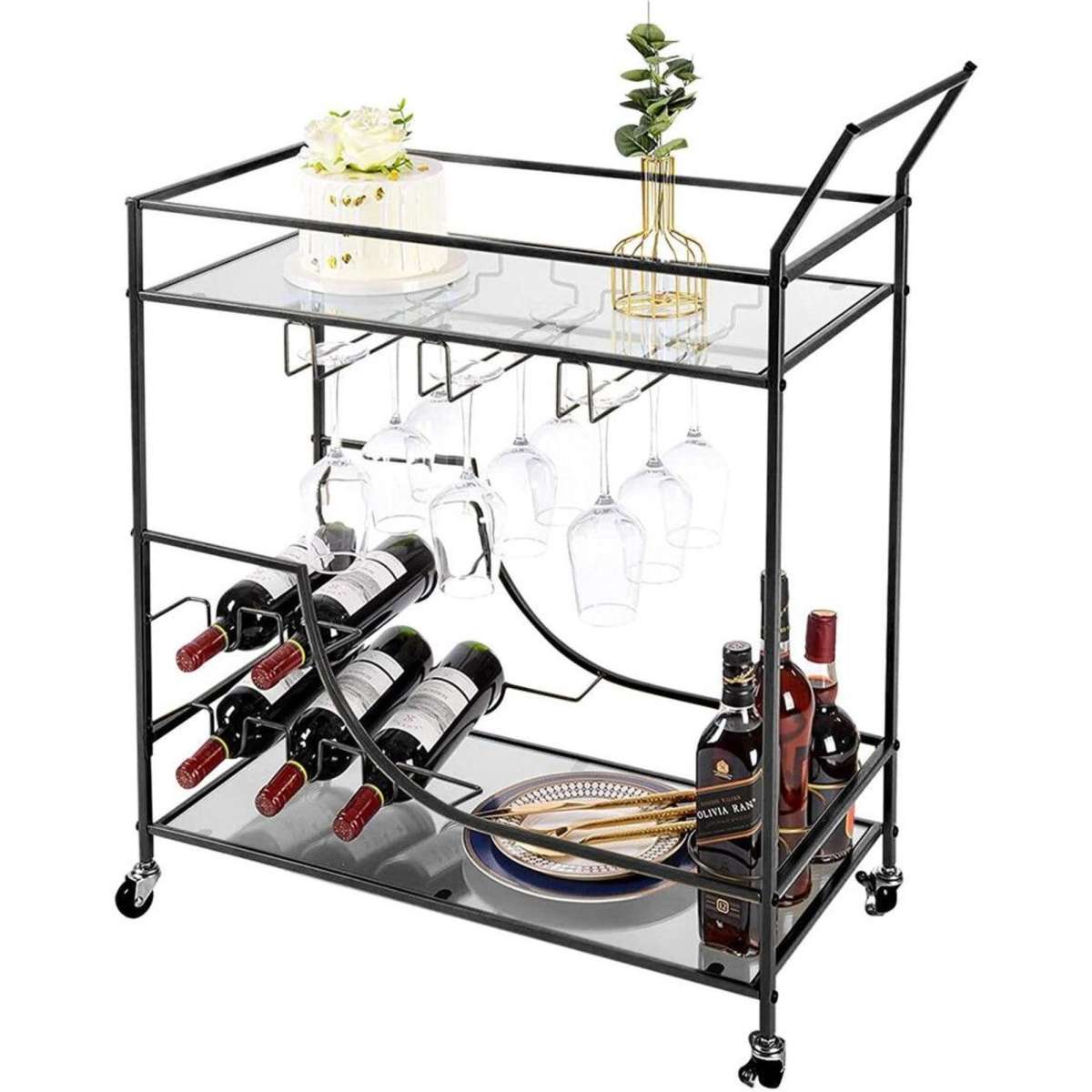 Ausway Black Bar Cart Drinks Trolley Coffee Tea Wine Kitchen Serving