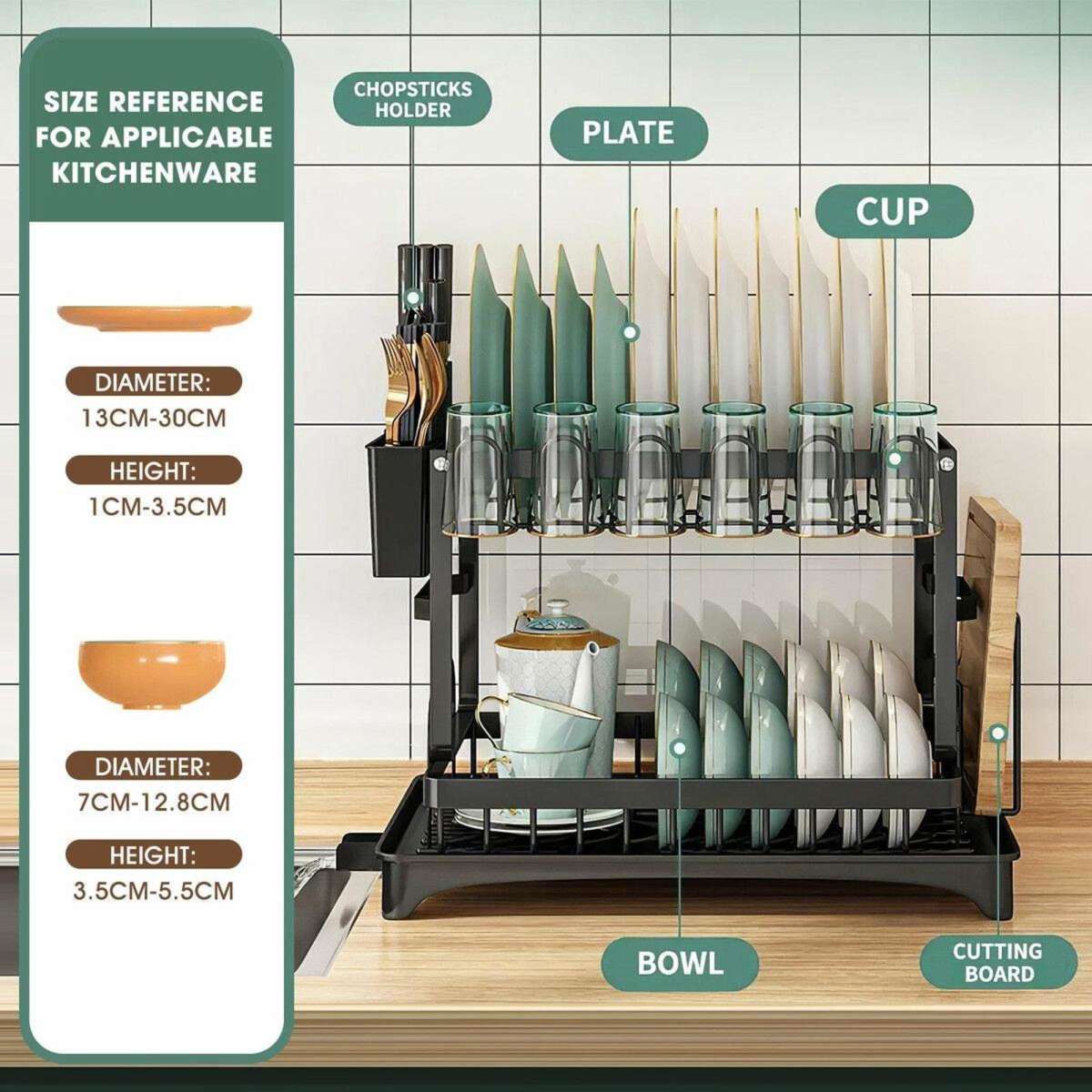 Ausway Dish Drying Rack 2 Tier Plate Drainer Cutlery Holder Kitchen Organizer Storage Shelf For