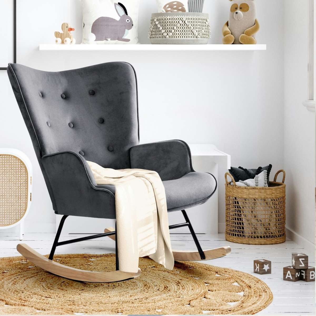 Oikiture Rocking Chair Nursing Armchair Velvet Accent Chairs