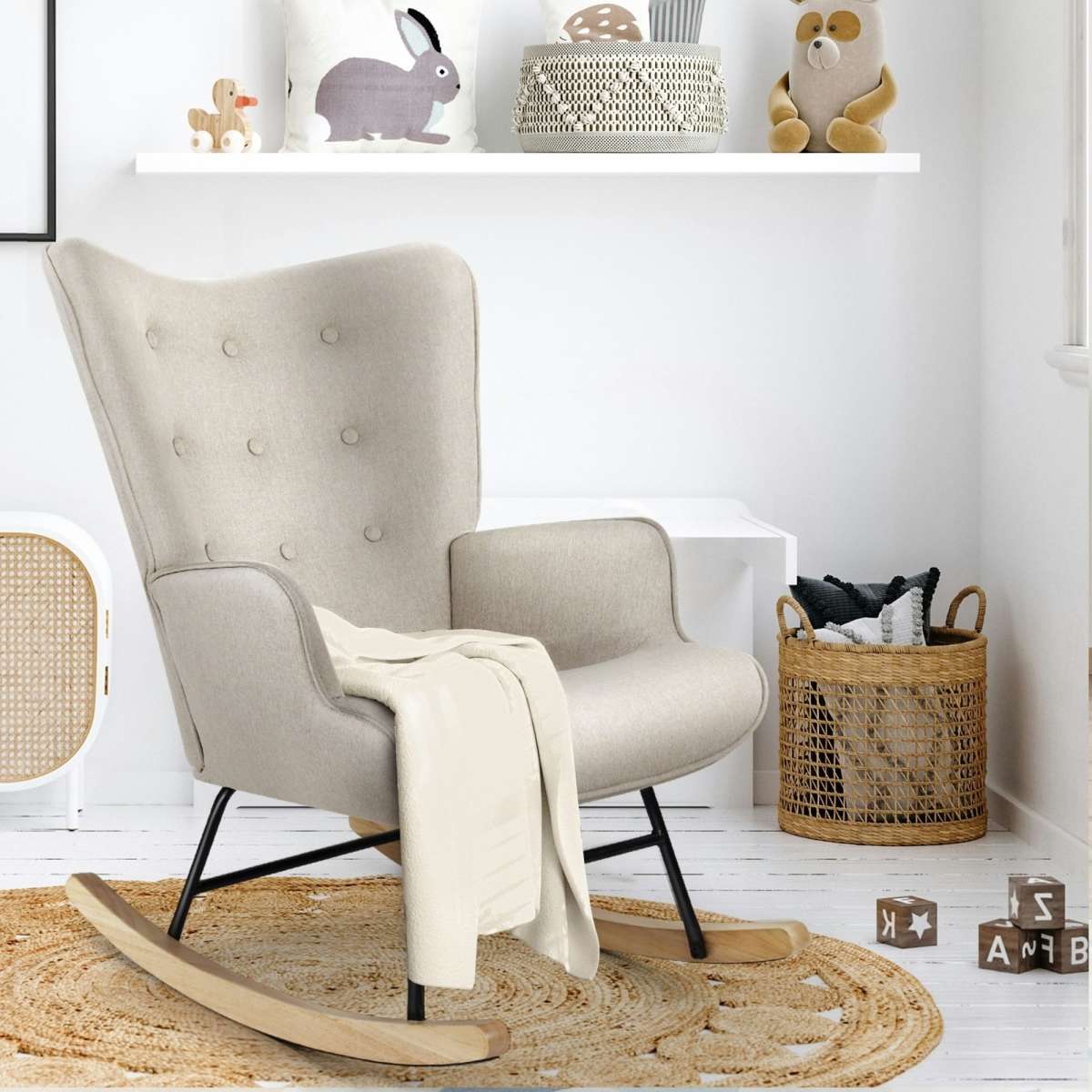 Oikiture Rocking Chair Nursing Armchair Linen Accent Chairs Upholstered ...