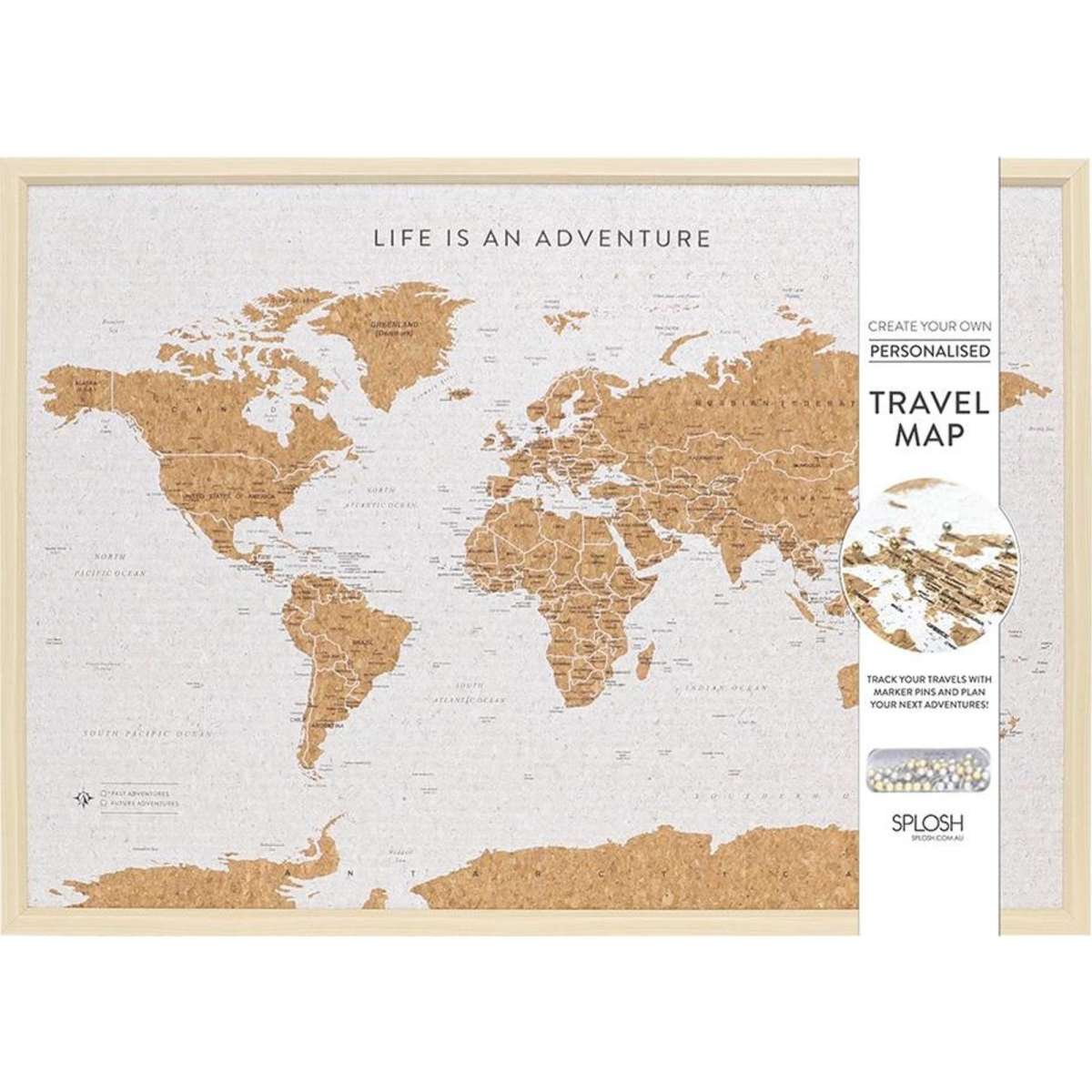Splosh Travel Framed Cork Board World Map w/ Hook & Stand Large