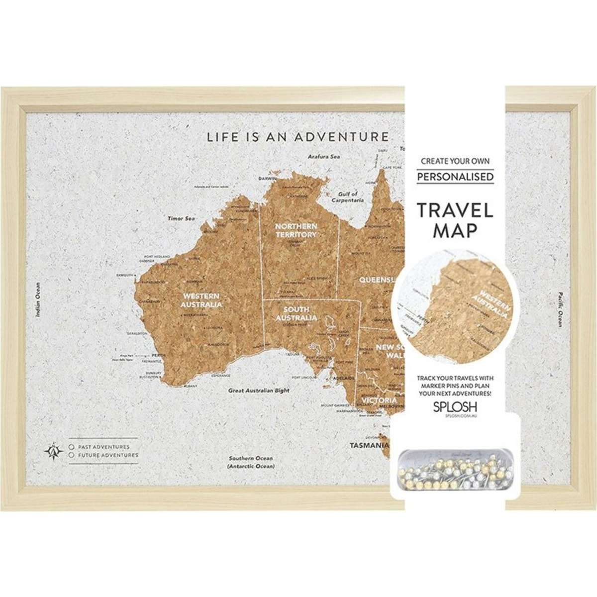 Splosh Travel Australia Framed Cork Board Map w/ Hook & Stand Small