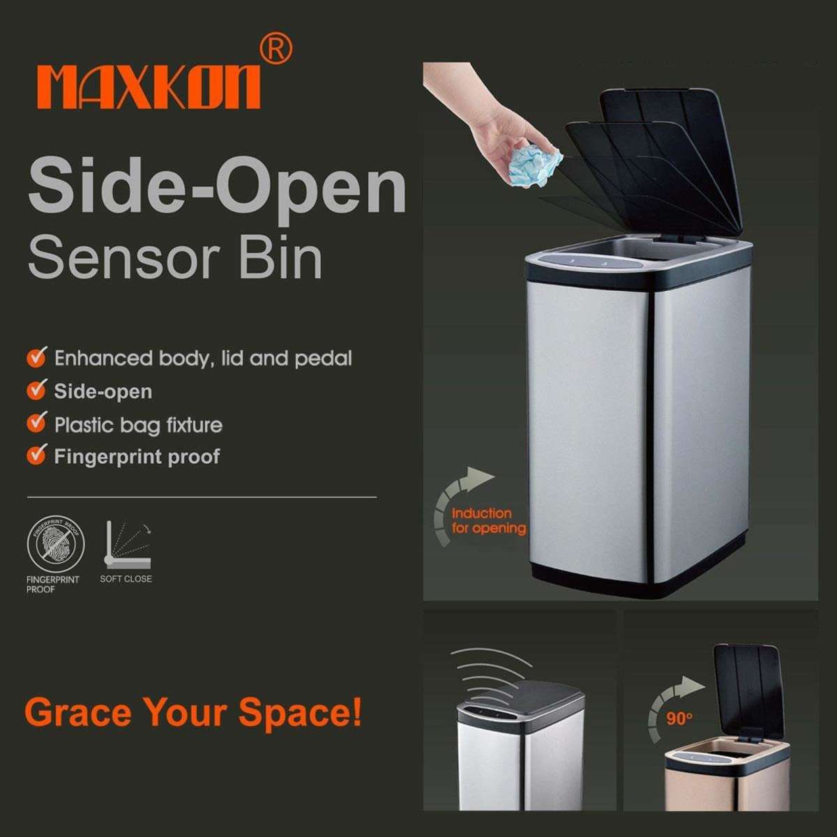 Maxkon 50L Smart Sensor Bin Kitchen Rubbish Recycling Bin Infrared Motion Sensor Trash Waste Bin