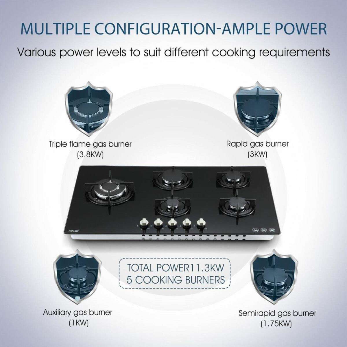 Maxkon 90cm Gas Cooktop 5 Burner Stove Hob Cooker Top Knobs NG LPG