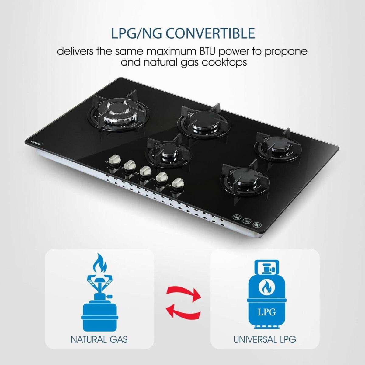 Maxkon 90cm Gas Cooktop 5 Burner Stove Hob Cooker Top Knobs NG LPG ...