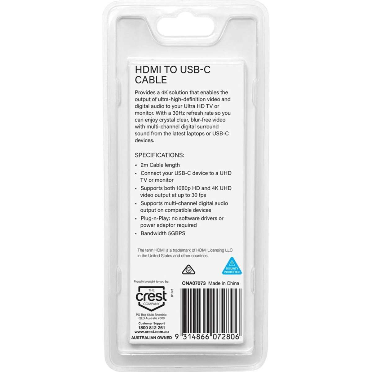 Crest HDMI to USB C Cable 2m Black Woolworths