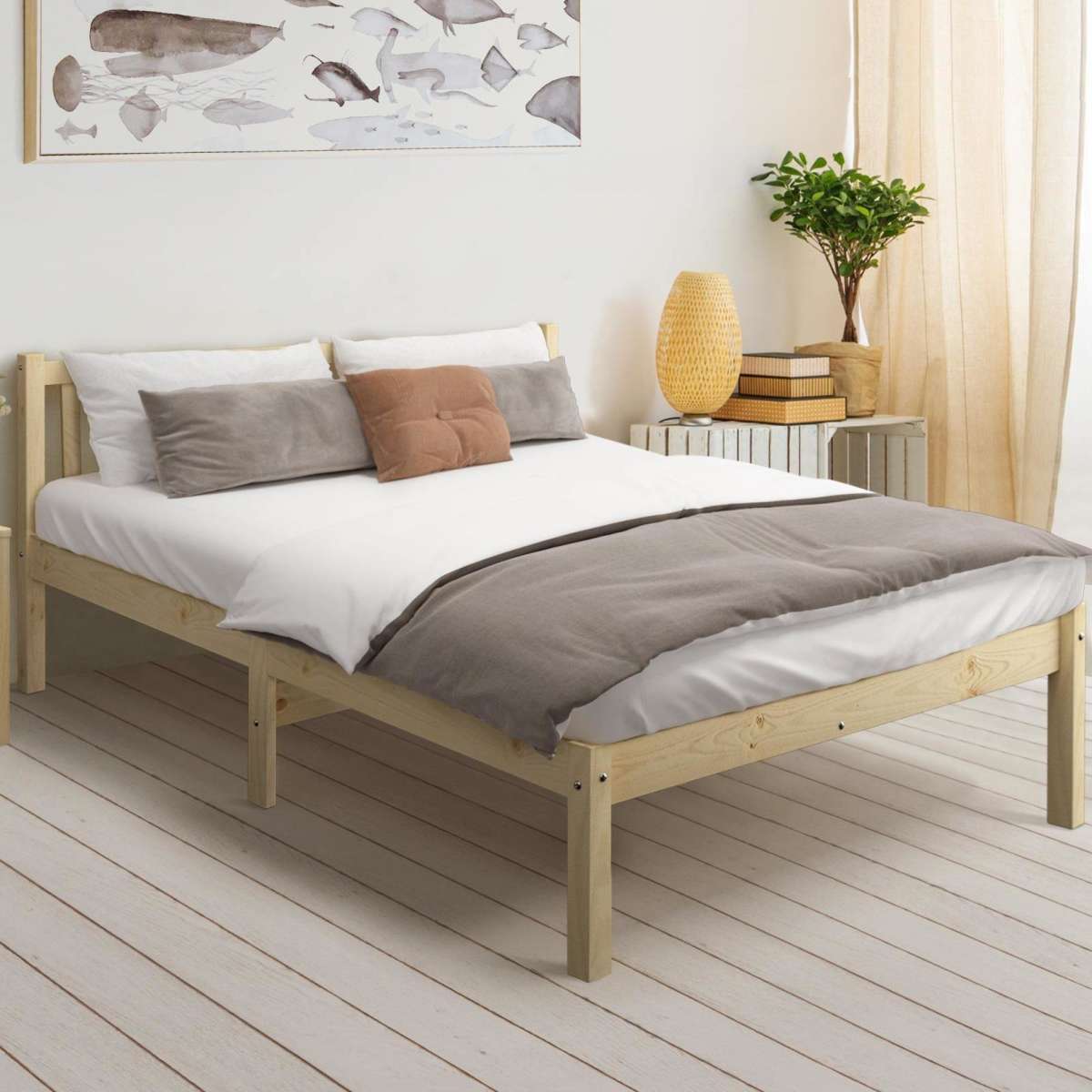 Oikiture Bed Frame Queen Size Wooden Timber Base Solid Wood Platform ...