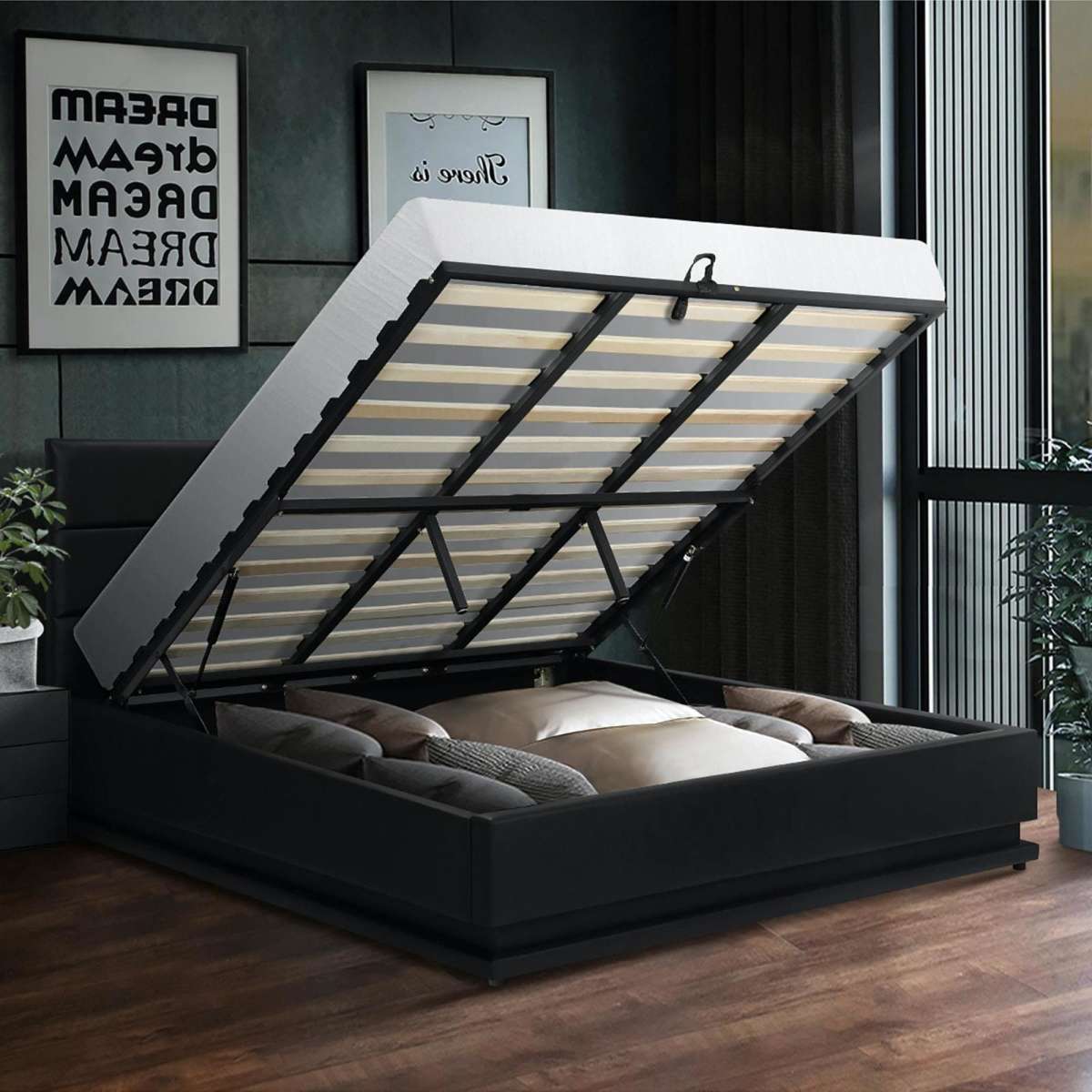 Oikiture RGB LED Bed Frame King Size Gas Lift Base With Storage Black