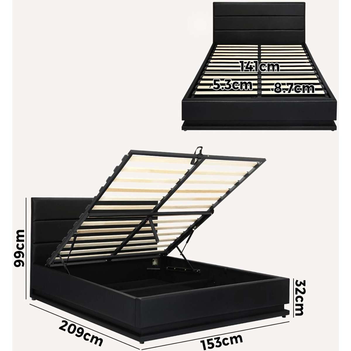 Oikiture RGB LED Bed Frame Queen Size Gas Lift Base With Storage Black