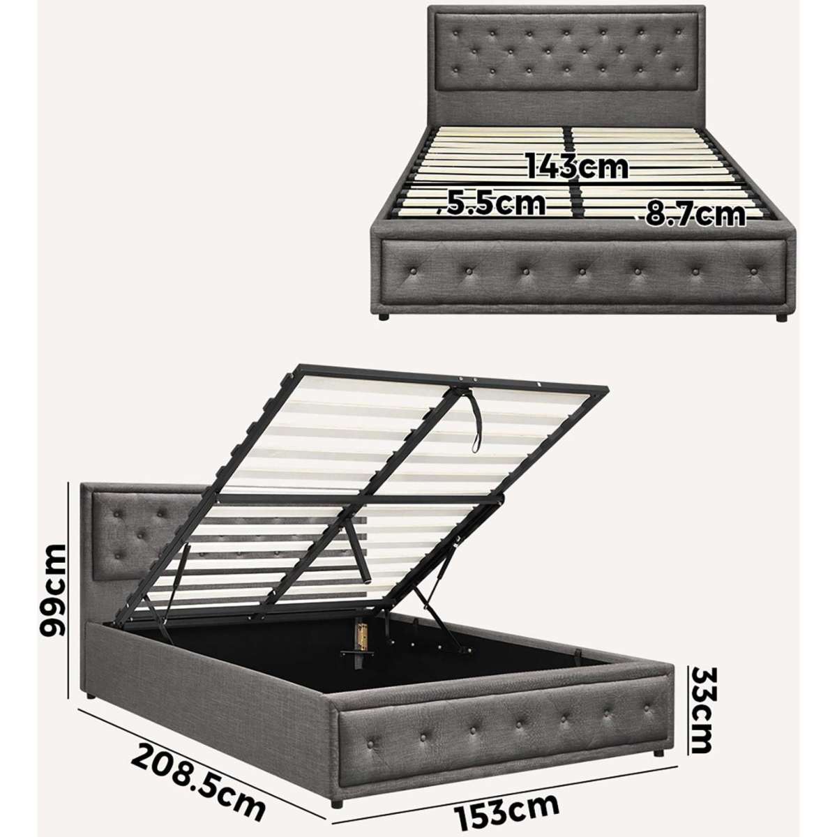 Oikiture Bed Frame Queen Size Gas Lift Base With Storage Grey Fabric