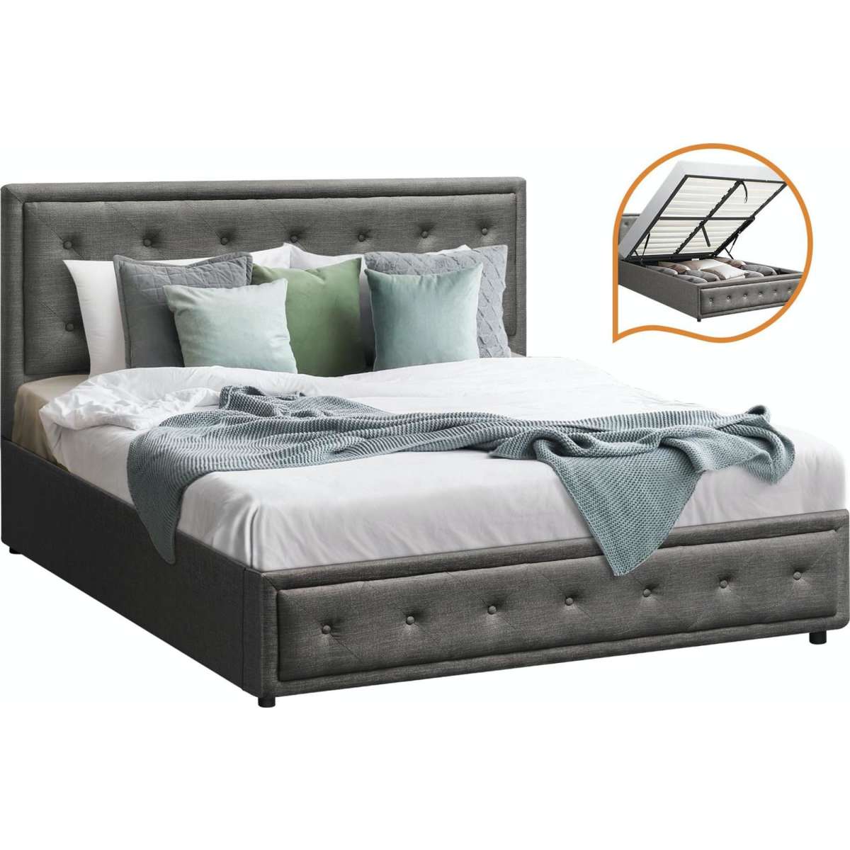 Oikiture Bed Frame Queen Size Gas Lift Base With Storage Grey Fabric