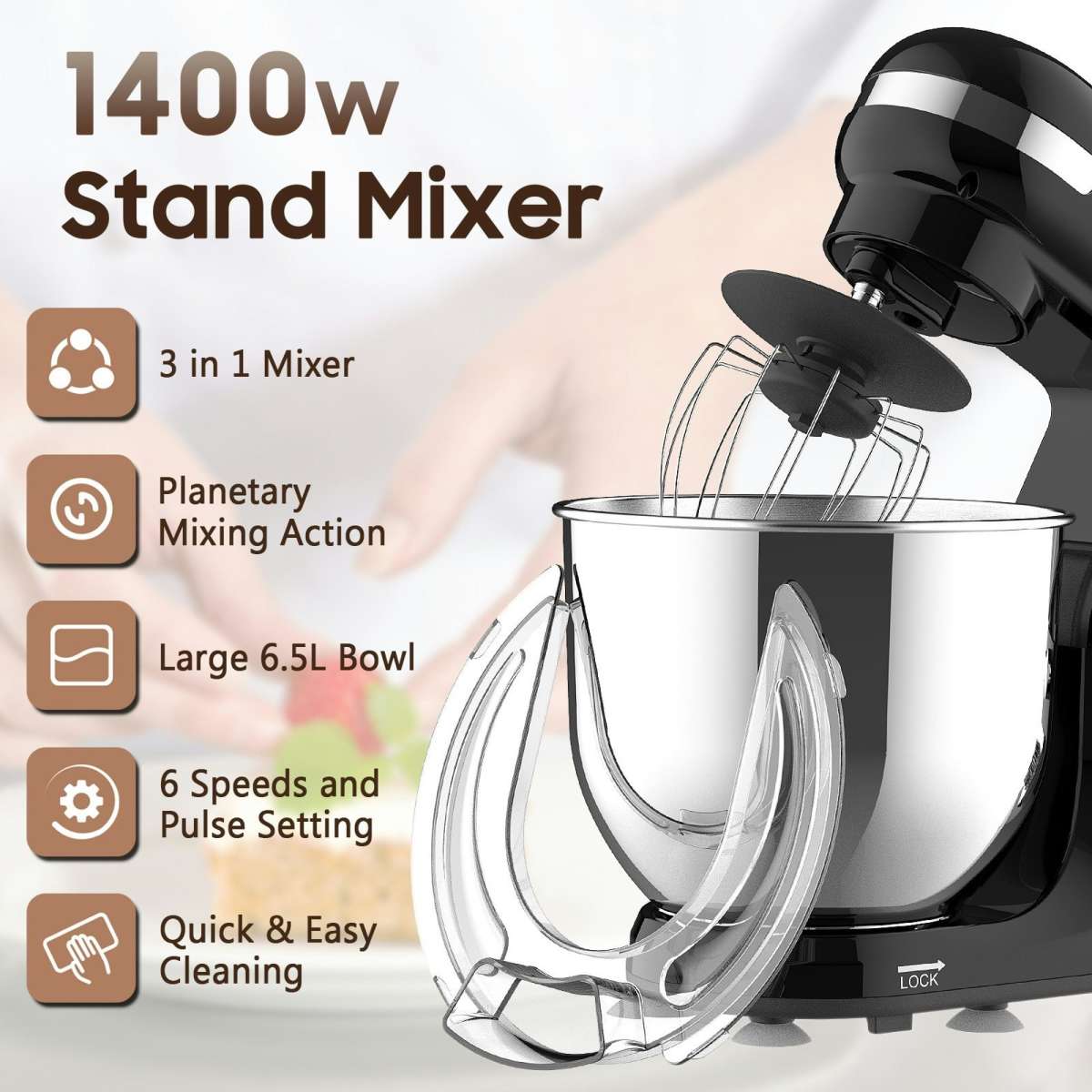 Advwin Stand Mixer 1400W 6.5L Kitchen Food Mixer 6 Speed Pulse Electric