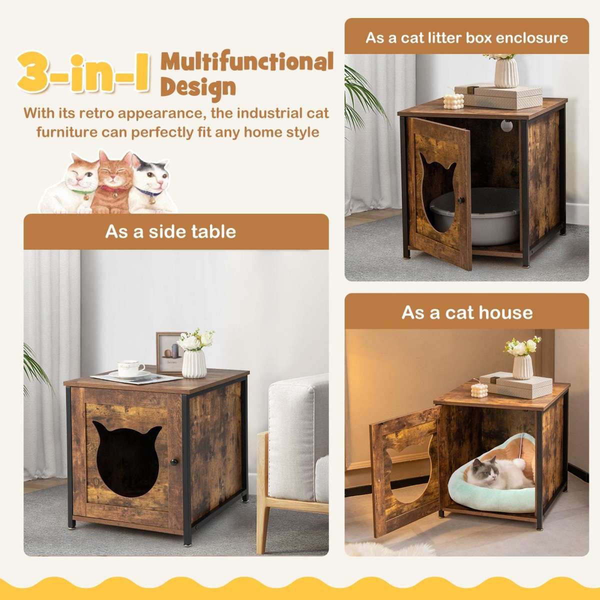 Costway Wood Side Table Cat Litter Cabinet Kitty House Brown | Woolworths