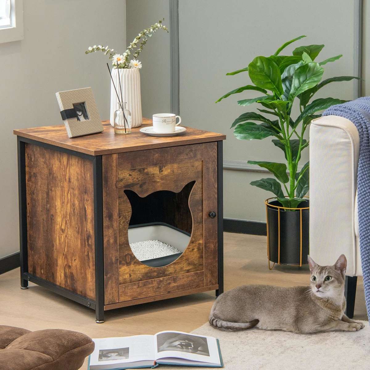 Costway Wood Side Table Cat Litter Cabinet Kitty House Brown | Woolworths